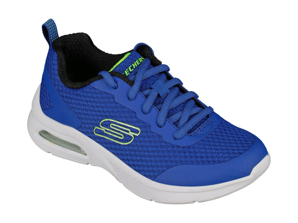 Tenis deportivos Skechers color azul con detalles en verde lima y suela blanca para niño.