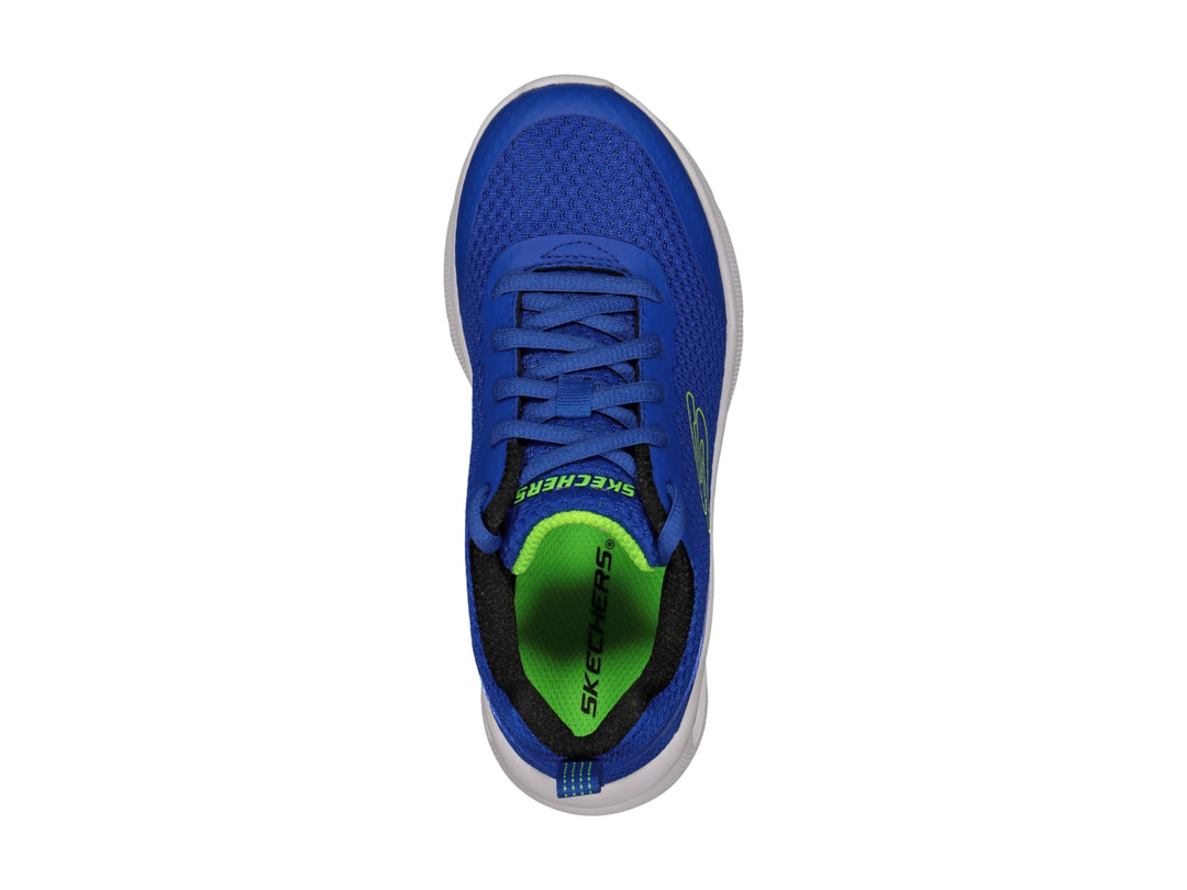 Tenis deportivos Skechers color azul con detalles en verde lima y suela blanca para niño.