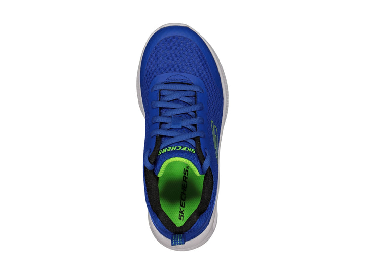 Tenis deportivos Skechers color azul con detalles en verde lima y suela blanca para niño.