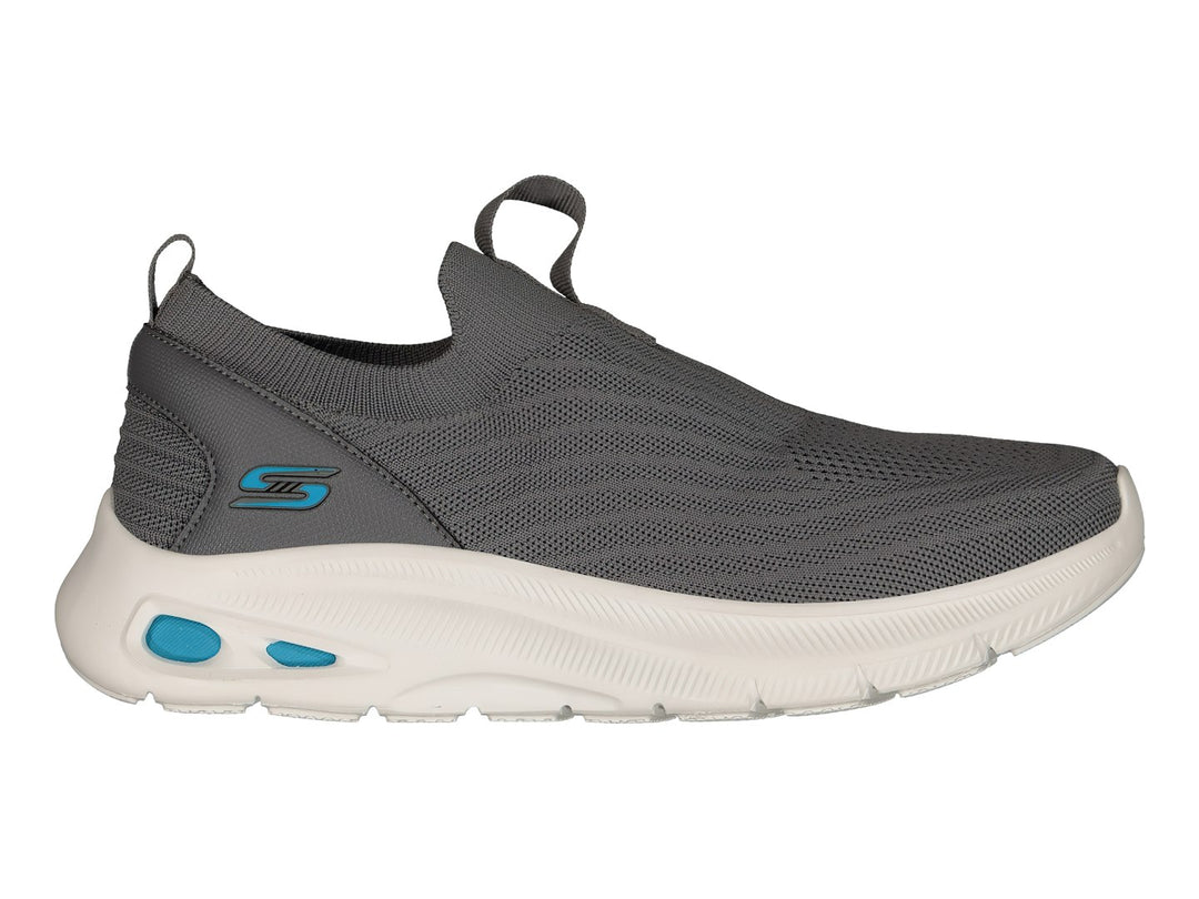 Tenis Skechers color gris con suela blanca y detalles en azul claro, estilo slip-on sin cordones.