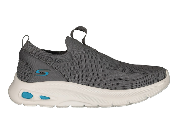 Tenis Skechers color gris con suela blanca y detalles en azul claro, estilo slip-on sin cordones.