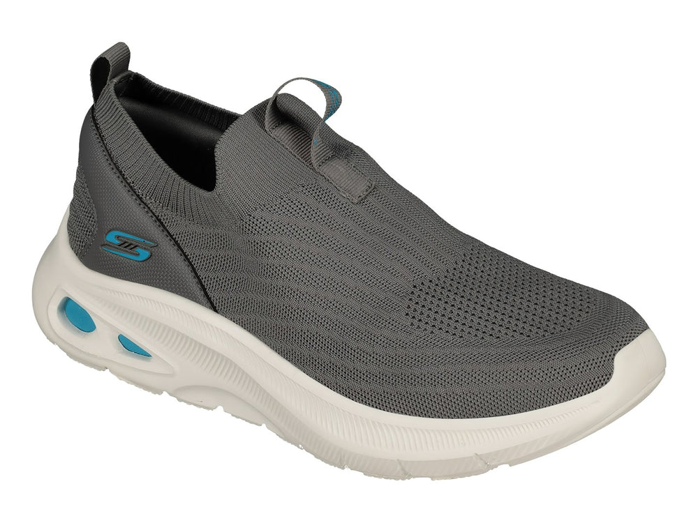 Tenis Skechers color gris con suela blanca y detalles en azul claro, estilo slip-on sin cordones.