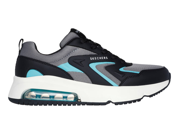 Tenis deportivos Skechers color negro, gris y aqua con suela blanca y amortiguación de aire.