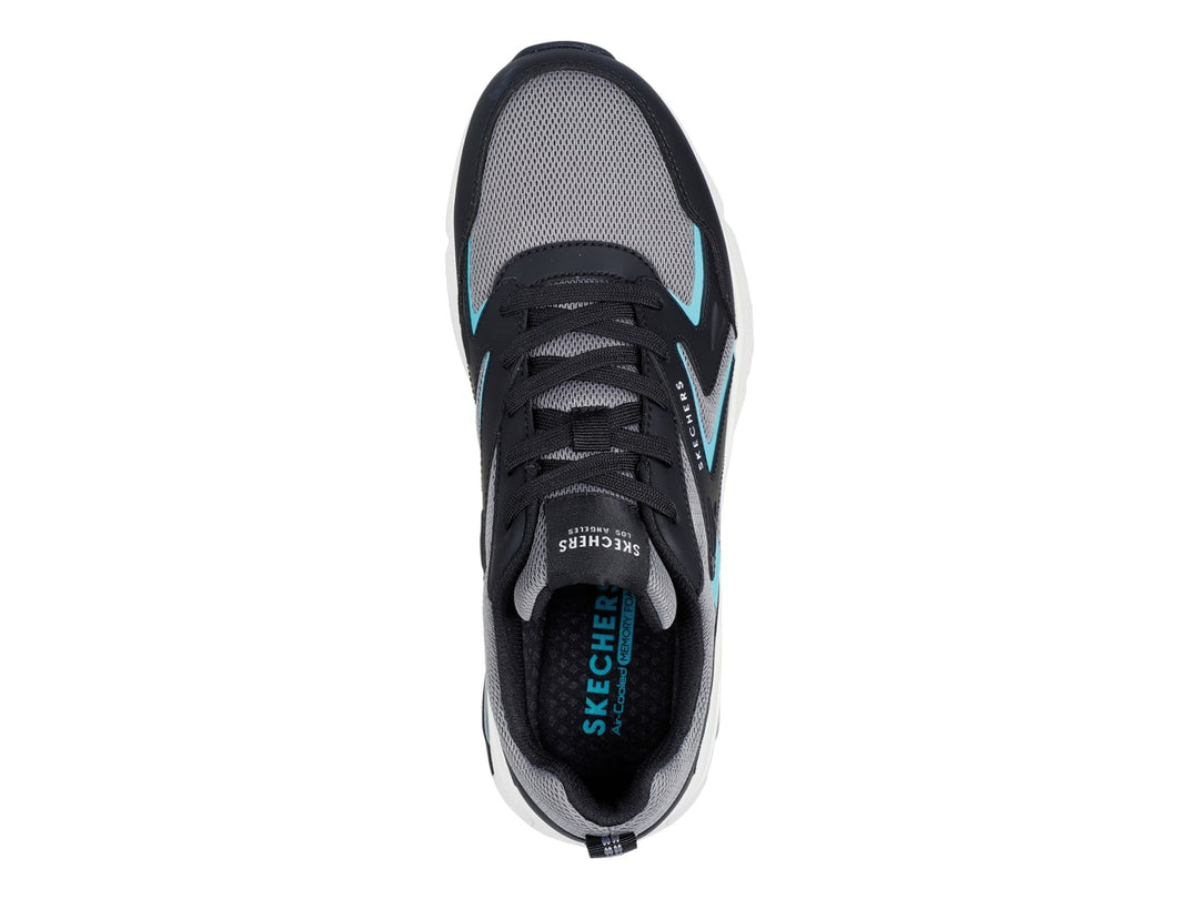 Tenis deportivos Skechers color negro, gris y aqua con suela blanca y amortiguación de aire.
