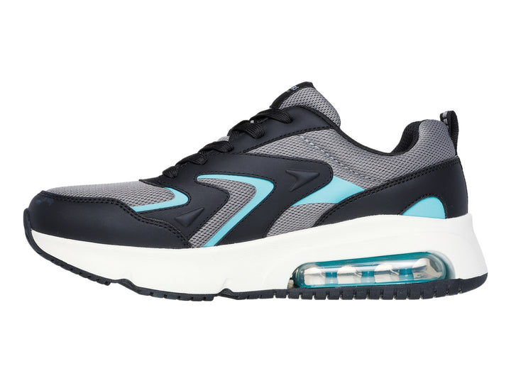 Tenis deportivos Skechers color negro, gris y aqua con suela blanca y amortiguación de aire.