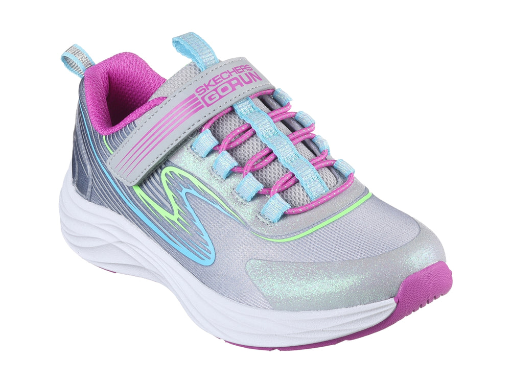 Tenis deportivos Skechers para niña en color gris con detalles multicolores y cierre de correa velcro.