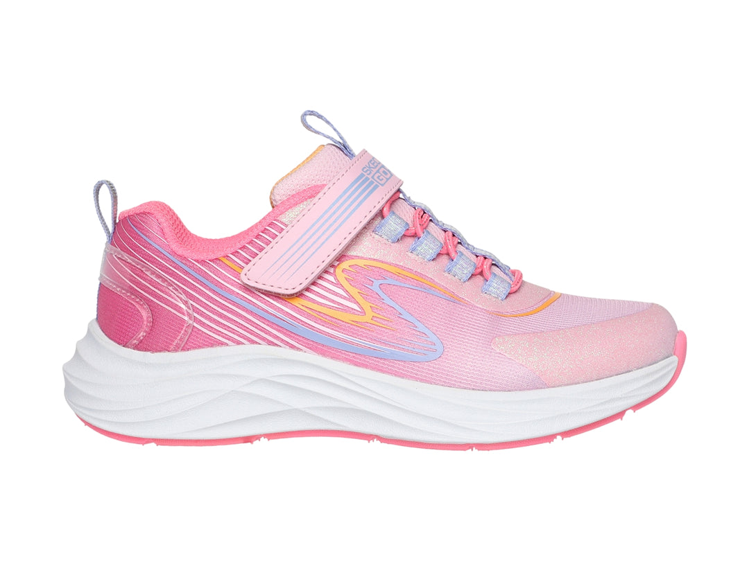 Tenis deportivos Skechers color rosa y multicolor con suela blanca y correa de velcro.