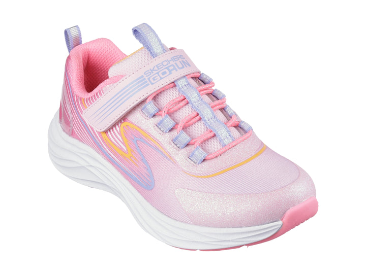 Tenis deportivos Skechers color rosa y multicolor con suela blanca y correa de velcro.