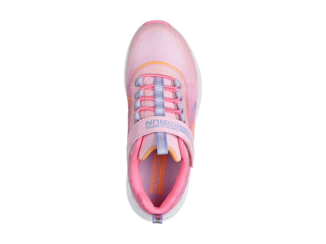 Tenis deportivos Skechers color rosa y multicolor con suela blanca y correa de velcro.