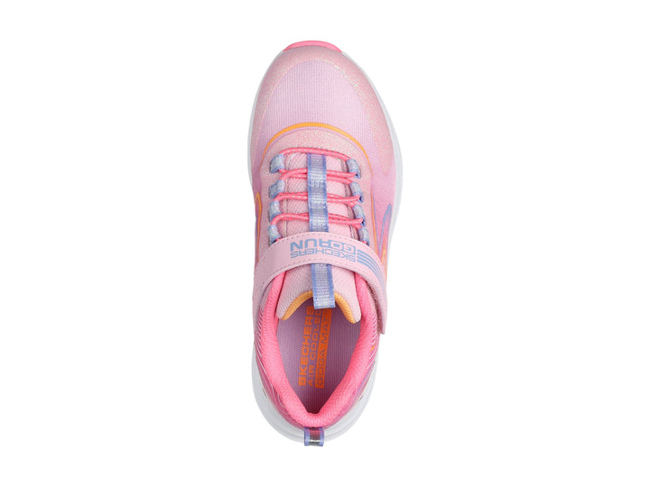 Tenis deportivos Skechers color rosa y multicolor con suela blanca y correa de velcro.