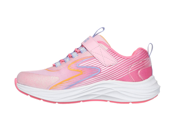 Tenis deportivos Skechers color rosa y multicolor con suela blanca y correa de velcro.