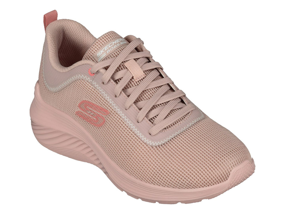 Tenis deportivos Skechers BOBS Squad Waves en color rosa con tejido de malla y suela blanca coordinada.