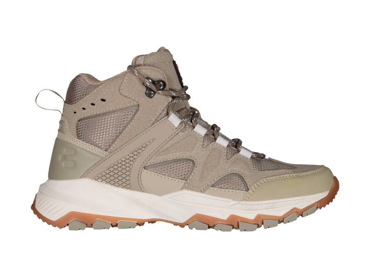 Zapato deportivo tipo botín color taupe con suela blanca y marrón.