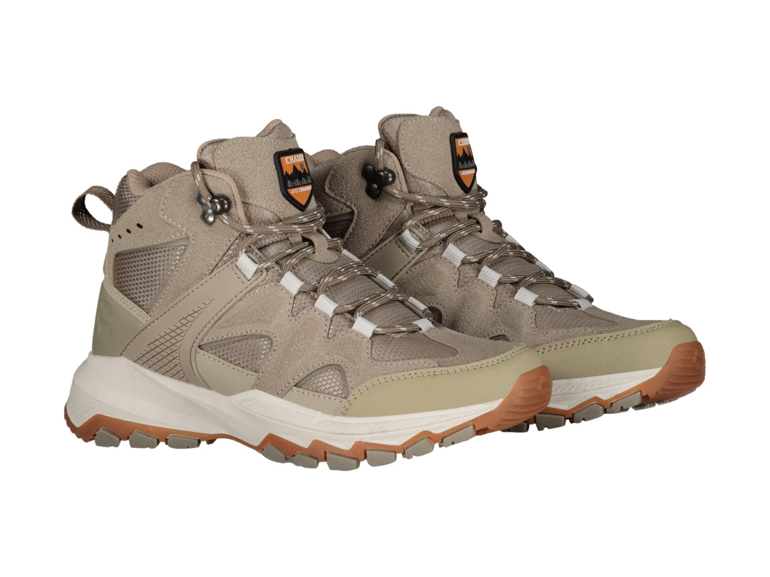 Zapato deportivo tipo botín color taupe con suela blanca y marrón.