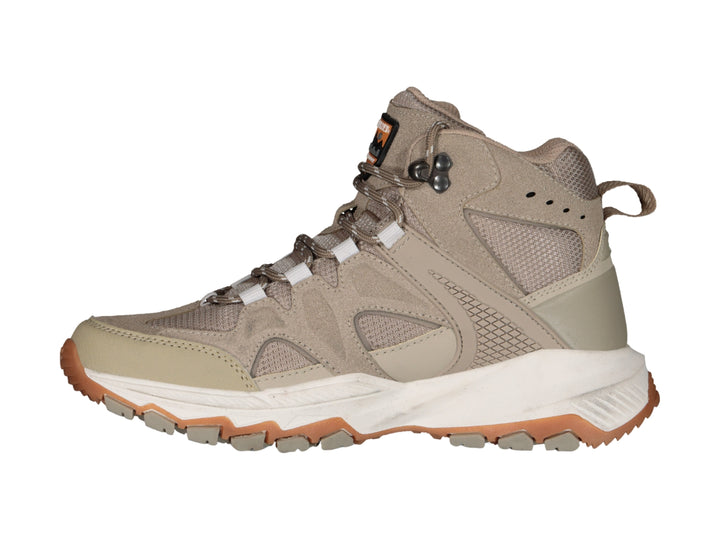 Zapato deportivo tipo botín color taupe con suela blanca y marrón.