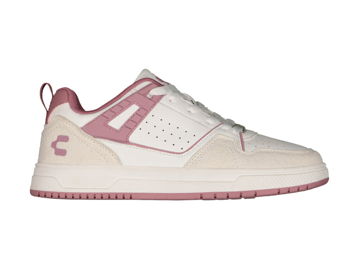 Tenis deportivos Charly color blanco con detalles en rosa y suela blanca.