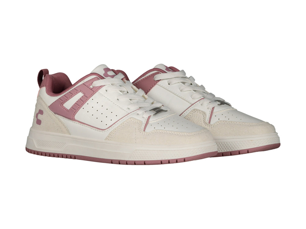 Tenis deportivos Charly color blanco con detalles en rosa y suela blanca.