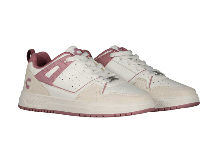 Tenis deportivos Charly color blanco con detalles en rosa y suela blanca.