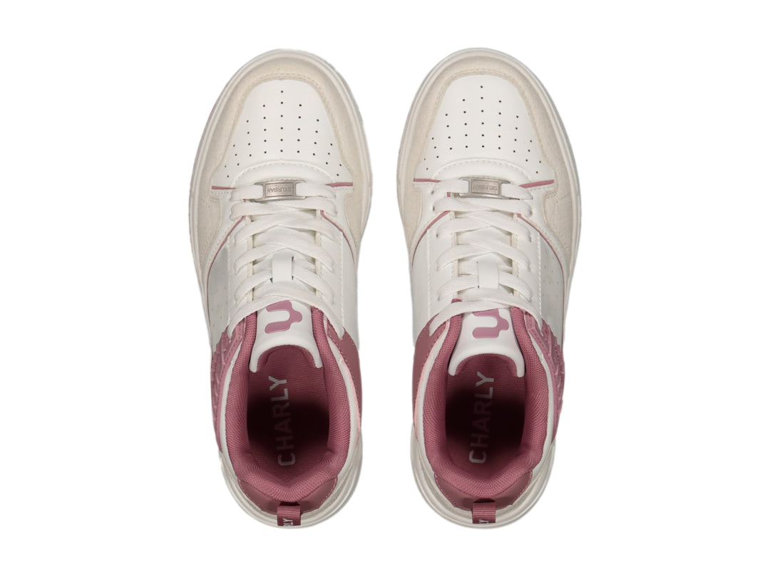 Tenis deportivos Charly color blanco con detalles en rosa y suela blanca.
