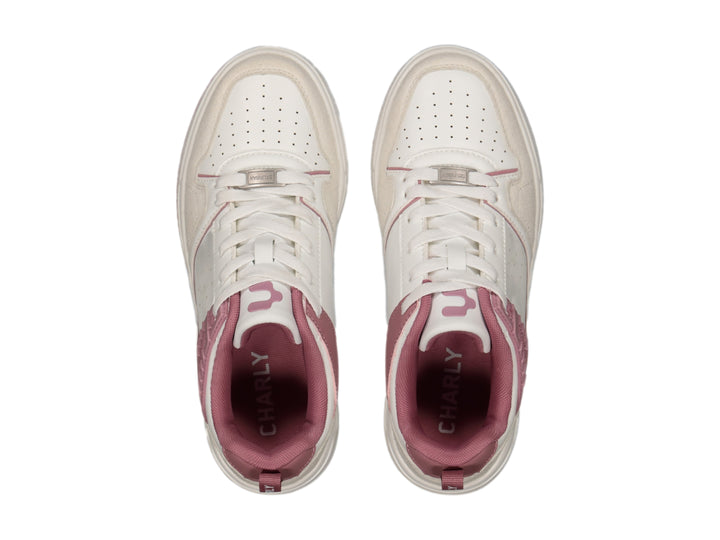Tenis deportivos Charly color blanco con detalles en rosa y suela blanca.