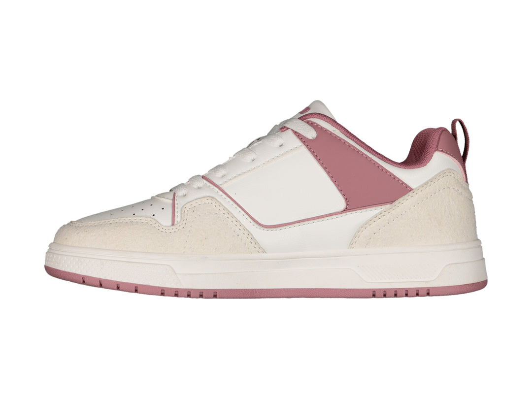 Tenis deportivos Charly color blanco con detalles en rosa y suela blanca.