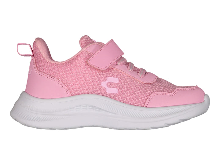 Tenis deportivos Charly color rosa con suela blanca y correa de velcro para niña.