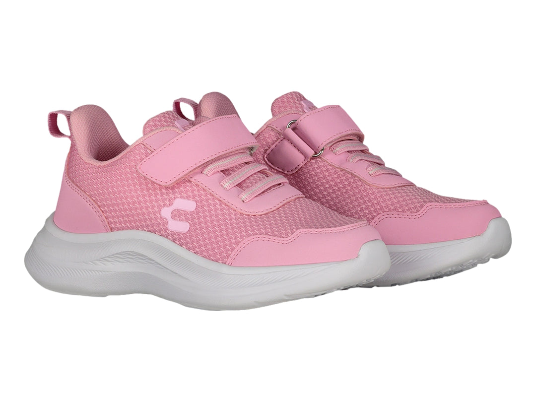 Tenis deportivos Charly color rosa con suela blanca y correa de velcro para niña.