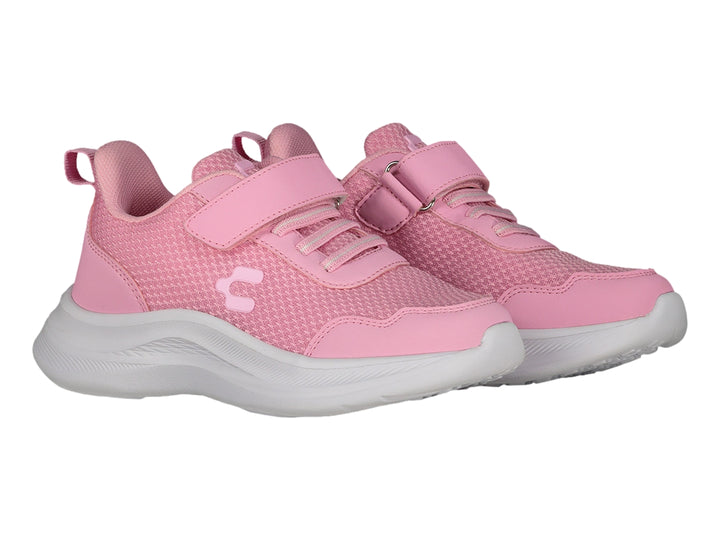 Tenis deportivos Charly color rosa con suela blanca y correa de velcro para niña.