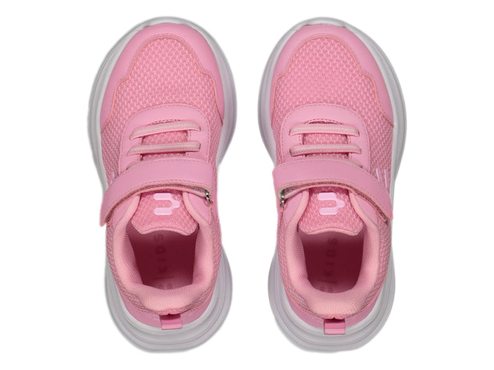 Tenis deportivos Charly color rosa con suela blanca y correa de velcro para niña.