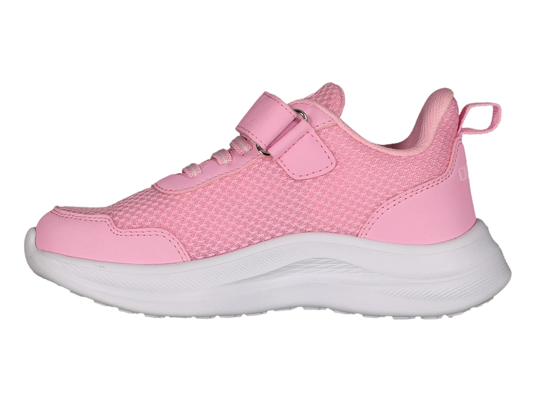 Tenis deportivos Charly color rosa con suela blanca y correa de velcro para niña.