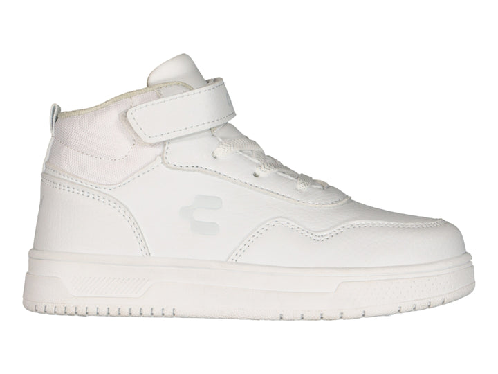 Tenis deportivos de bota color blanco con correa de velcro y suela blanca.