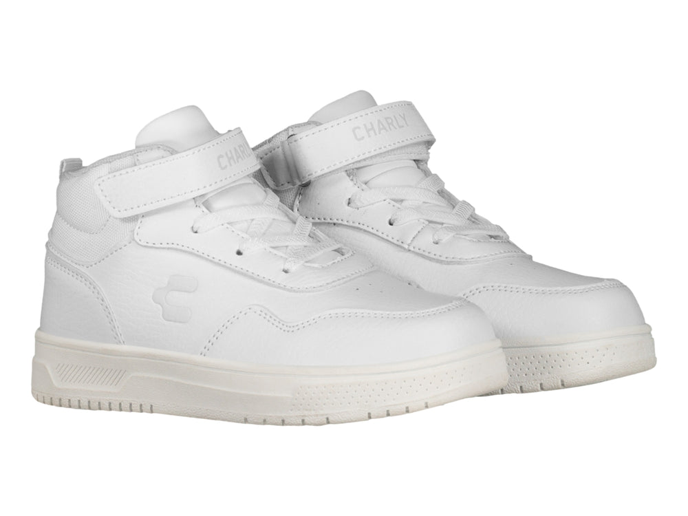 Tenis deportivos de bota color blanco con correa de velcro y suela blanca.