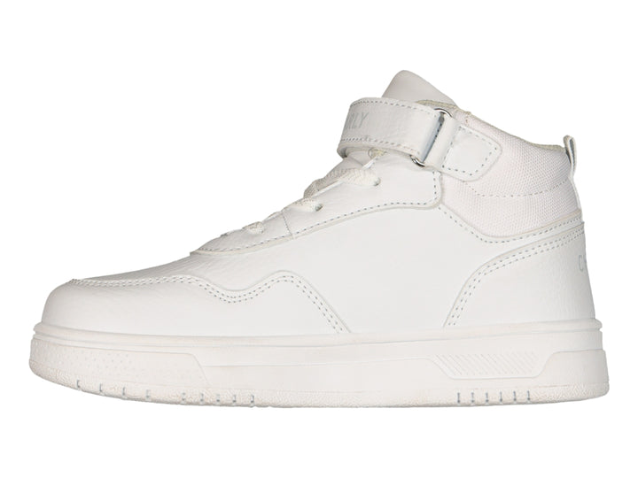 Tenis deportivos de bota color blanco con correa de velcro y suela blanca.