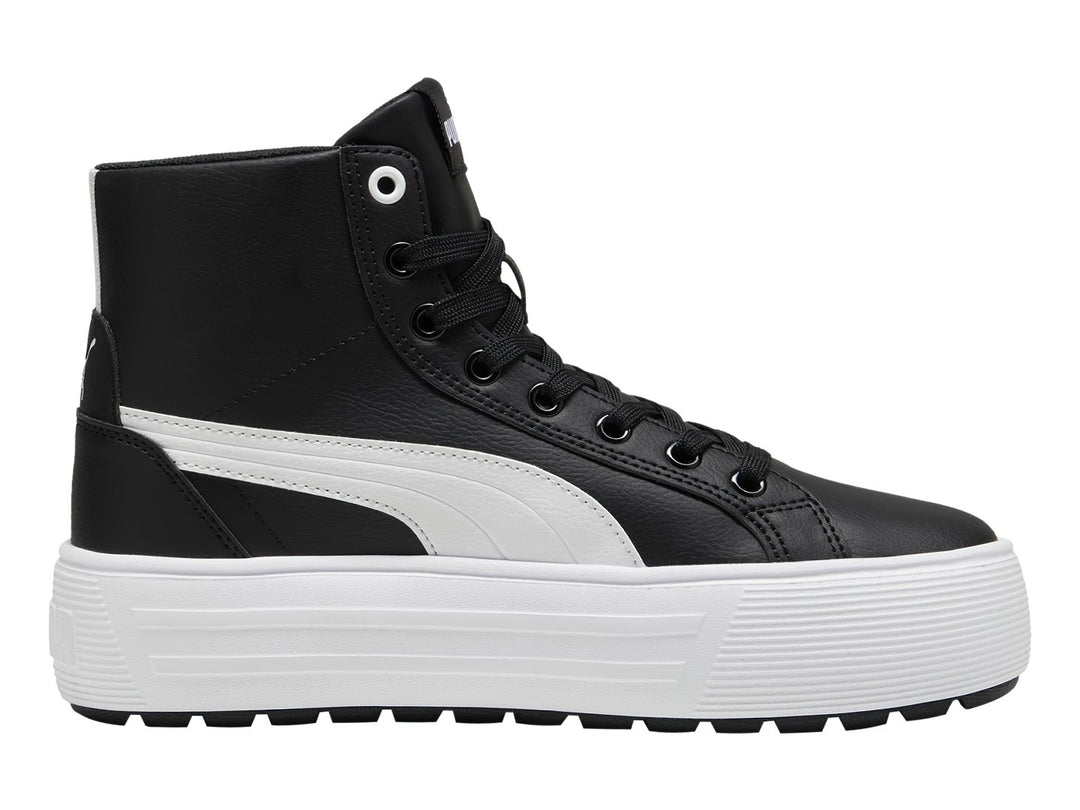 Tenis PUMA Kaia 2.0 Mid color negro con suela de plataforma blanca y franja lateral blanca.