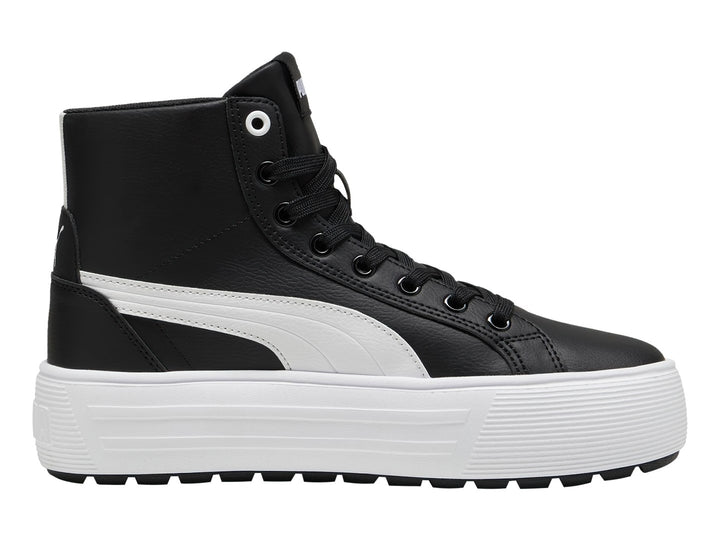 Tenis PUMA Kaia 2.0 Mid color negro con suela de plataforma blanca y franja lateral blanca.