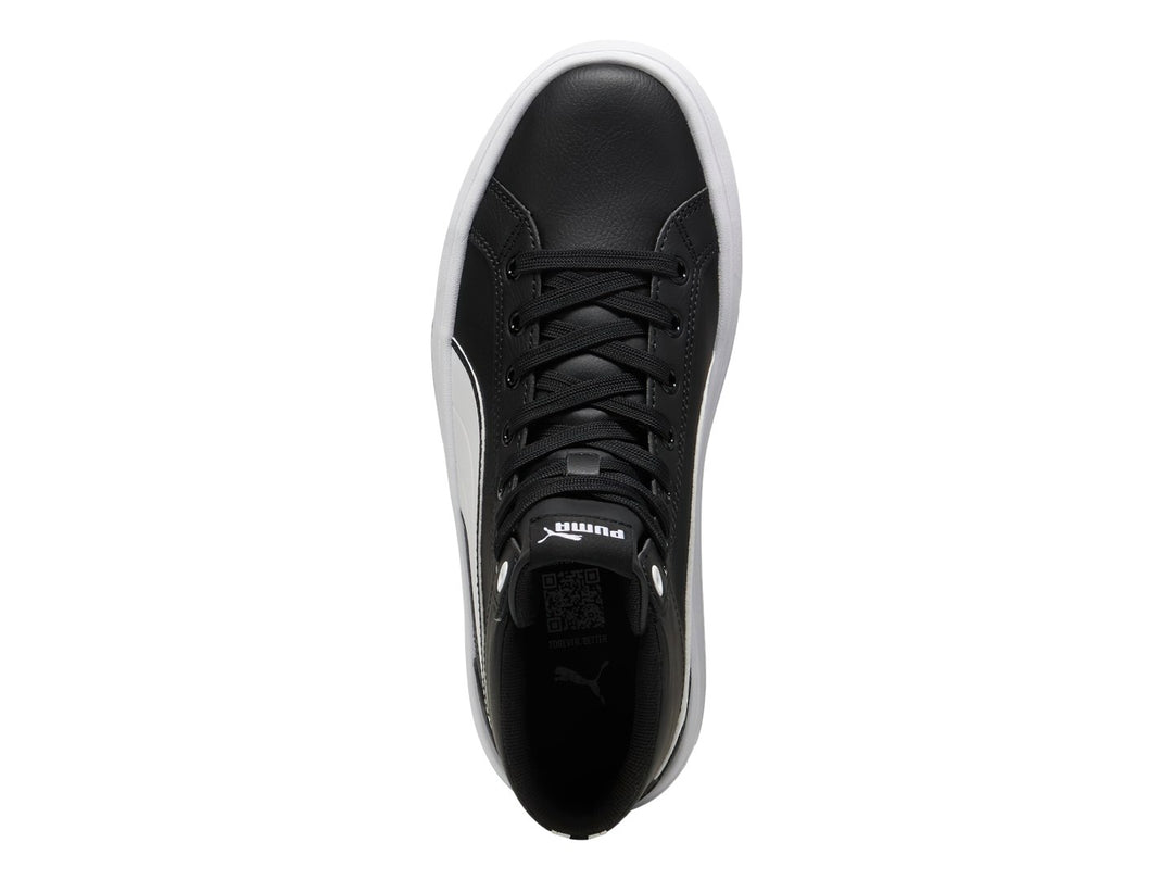 Tenis PUMA Kaia 2.0 Mid color negro con suela de plataforma blanca y franja lateral blanca.