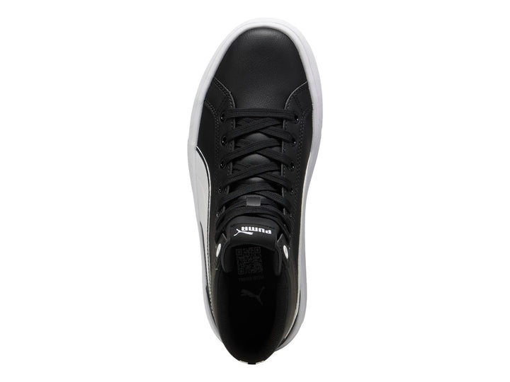 Tenis PUMA Kaia 2.0 Mid color negro con suela de plataforma blanca y franja lateral blanca.