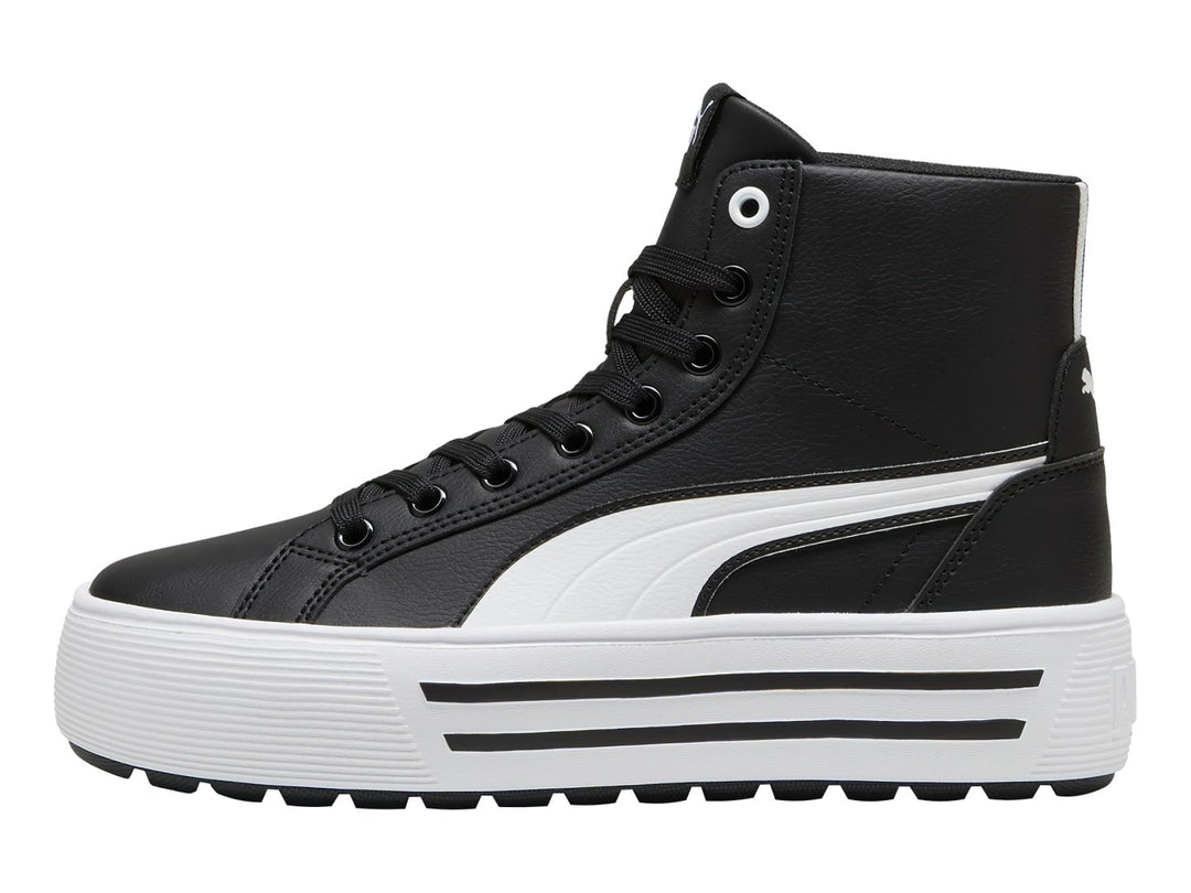 Tenis PUMA Kaia 2.0 Mid color negro con suela de plataforma blanca y franja lateral blanca.