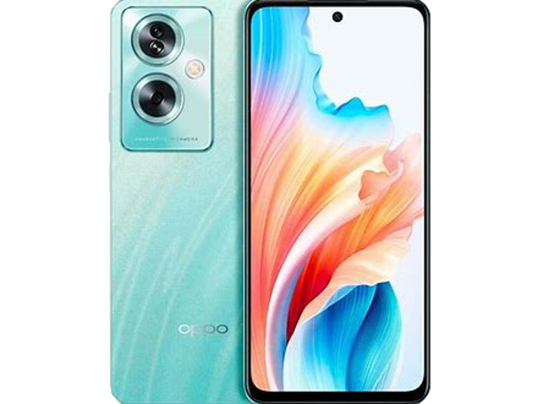 Smartphone OPPO A79 5G en color verde, vista frontal de la pantalla y vista posterior con cámaras.
