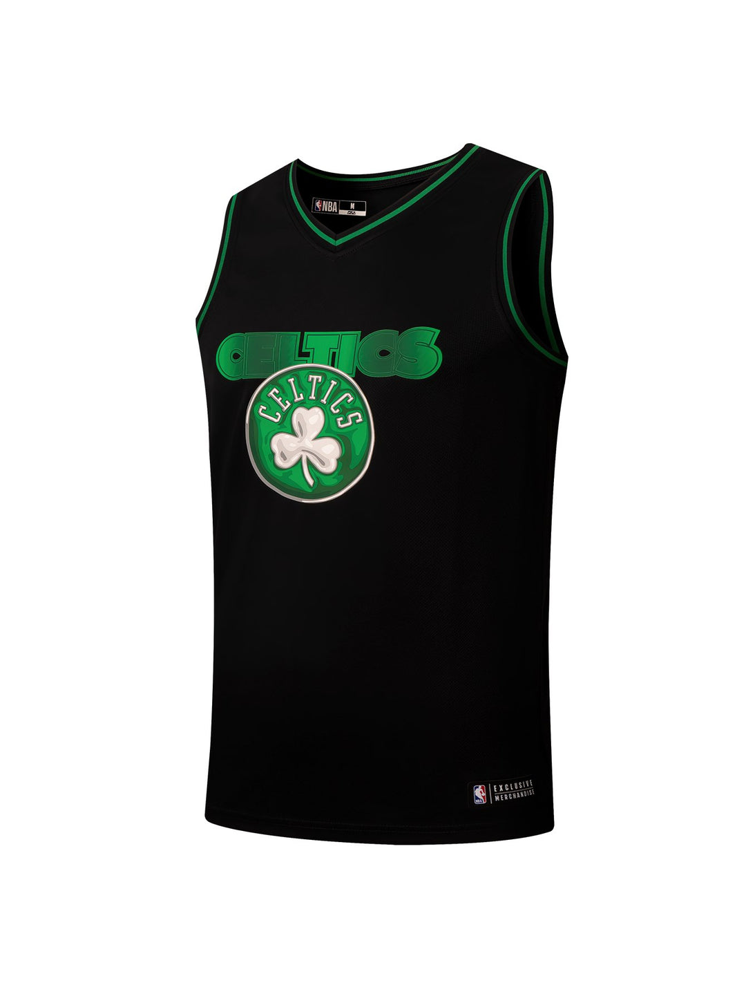 Jersey de basquetbol color negro con detalles y logotipo de los Boston Celtics en verde y blanco.