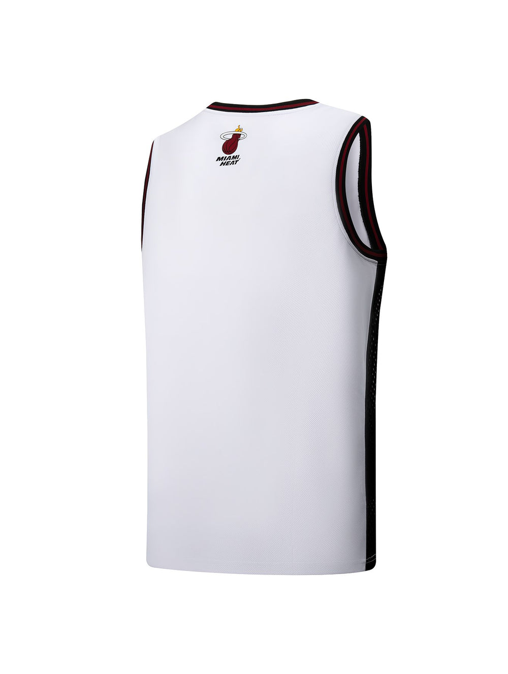 Jersey de basquetbol blanco sin mangas con logo de Miami Heat y detalles en negro y rojo.