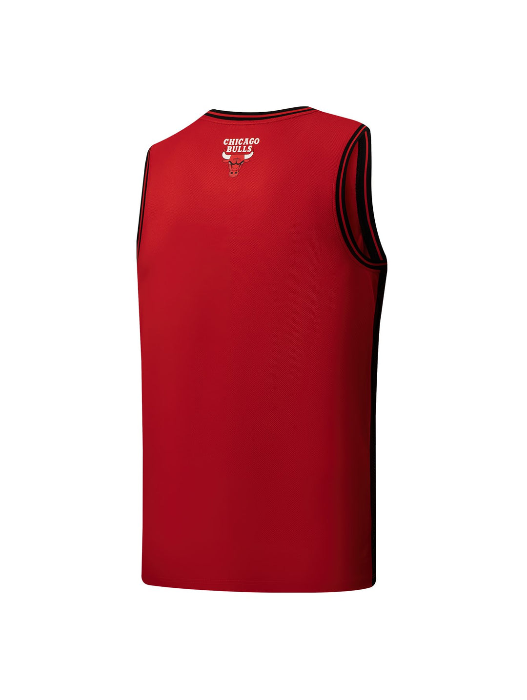 Jersey deportivo de baloncesto color rojo con logotipo de los Chicago Bulls y detalles en negro.