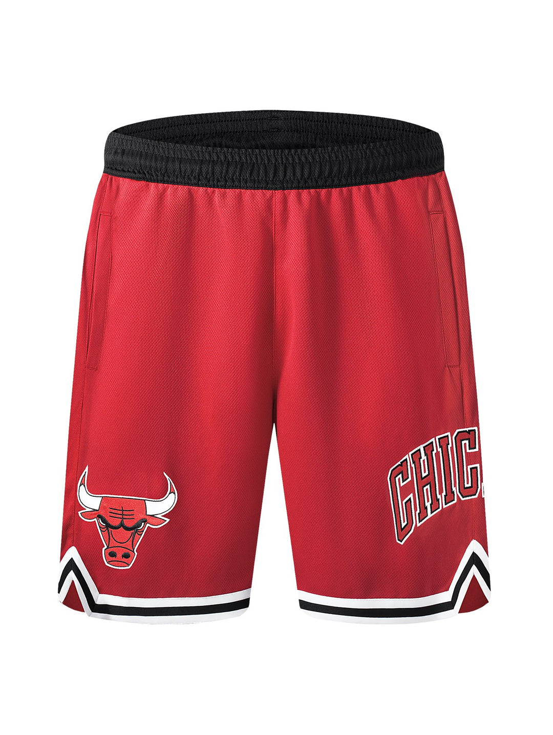 Shorts deportivos rojos de basquetbol con logo de Chicago Bulls y detalles en negro y blanco.