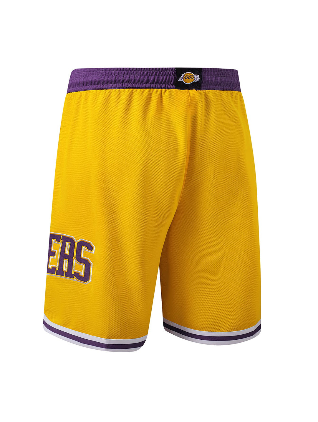 Pantalones cortos deportivos amarillos con detalles en morado y blanco, con logos de los Lakers.