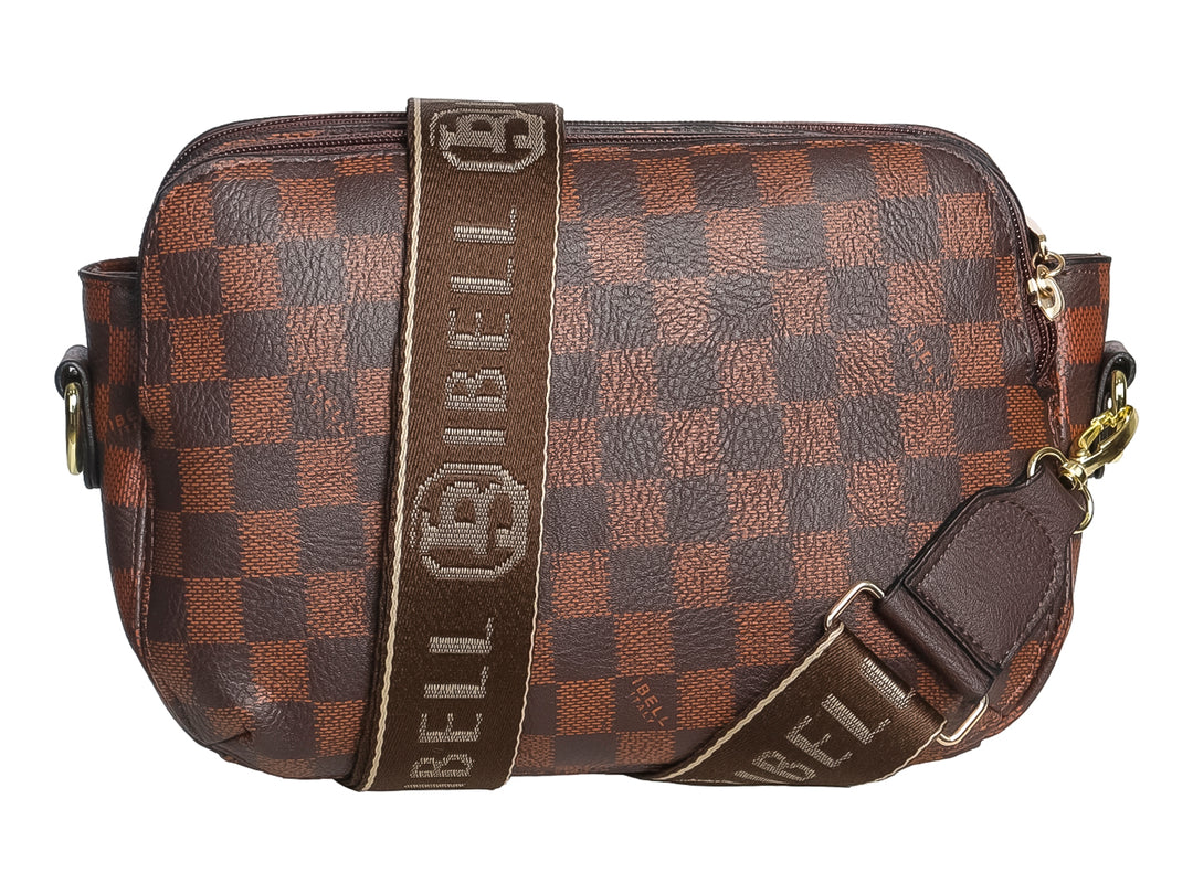 Bolso de hombro IBELL color chocolate con estampado de cuadros y placa metálica frontal.