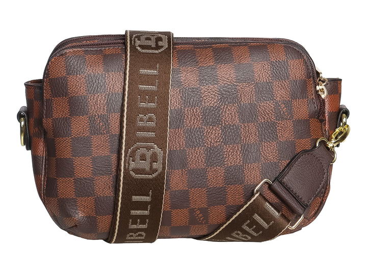 Bolso de hombro IBELL color chocolate con estampado de cuadros y placa metálica frontal.