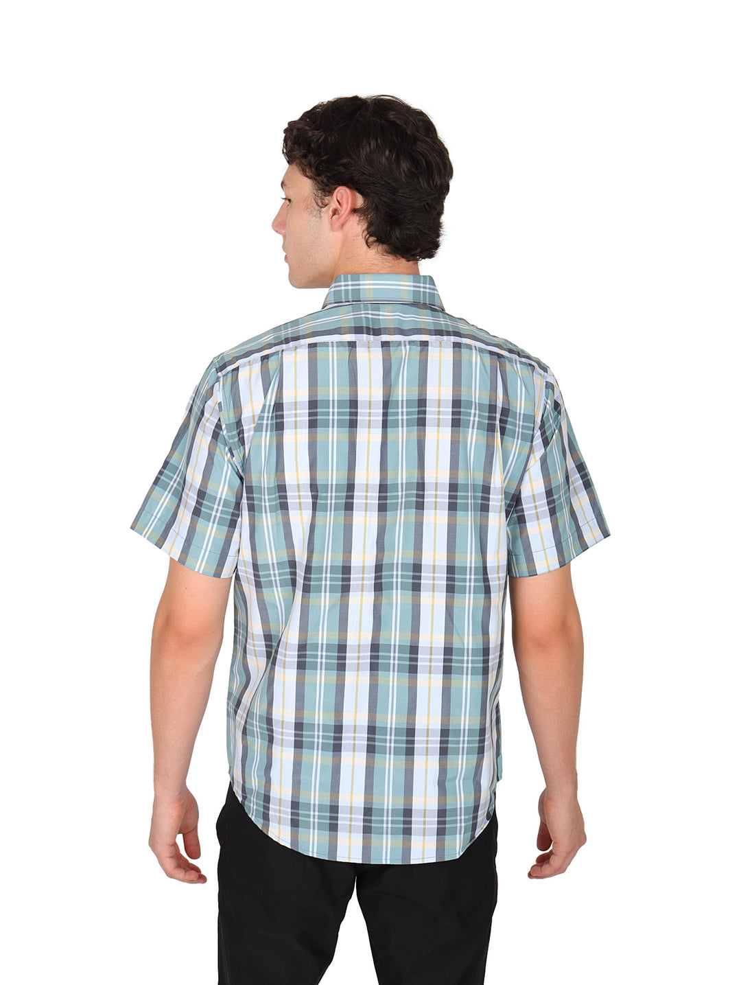 Hombre vistiendo camisa de manga corta con estampado de cuadros en tonos verde, blanco y azul.