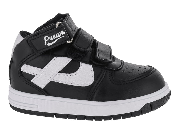 Tenis infantiles Panam color negro con detalles y suela blanca, cierre de velcro.