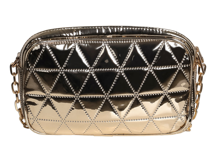 Bolso Ferretina color oro con acabado brillante, diseño acolchado geométrico y correa de cadena.