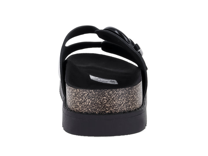 Sandalias negras para mujer con dos hebillas y suela track dentada.